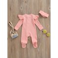 thumbnail image 4 of Xingqing Newborn Baby Girl Fall Clothes Solid Color Ribbed Long Sleeve Zip-Up Footed Romper + Headband Set, 4 of 7