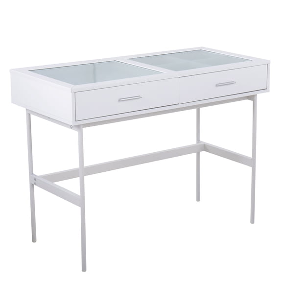 JERFIT Modern Console Table with Glass Top and Drawers, White Finish for Entryway, Living Room, Hallway