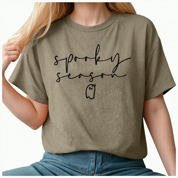 HCNTES Halloween Shirts for Women,Womens Fall Shirt Crew Neck Funny Ghost Graphic Tees Short Sleeve Thanksgiving Tops(S,A211-Khaki)