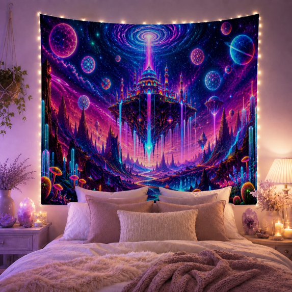Floating Palace Above Blue River and Mushrooms, Mystical Psychedelic for Fantasy Fans, Alien World Decor, Housewarming Gift, Tapestry Wall Hanging for Bedroom, Studio and Dorm