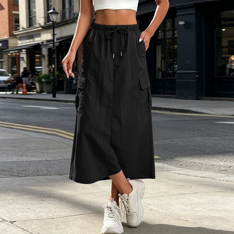 Maxi Skirts for Women Drawstring Elastic Waist with Pockets Trendy