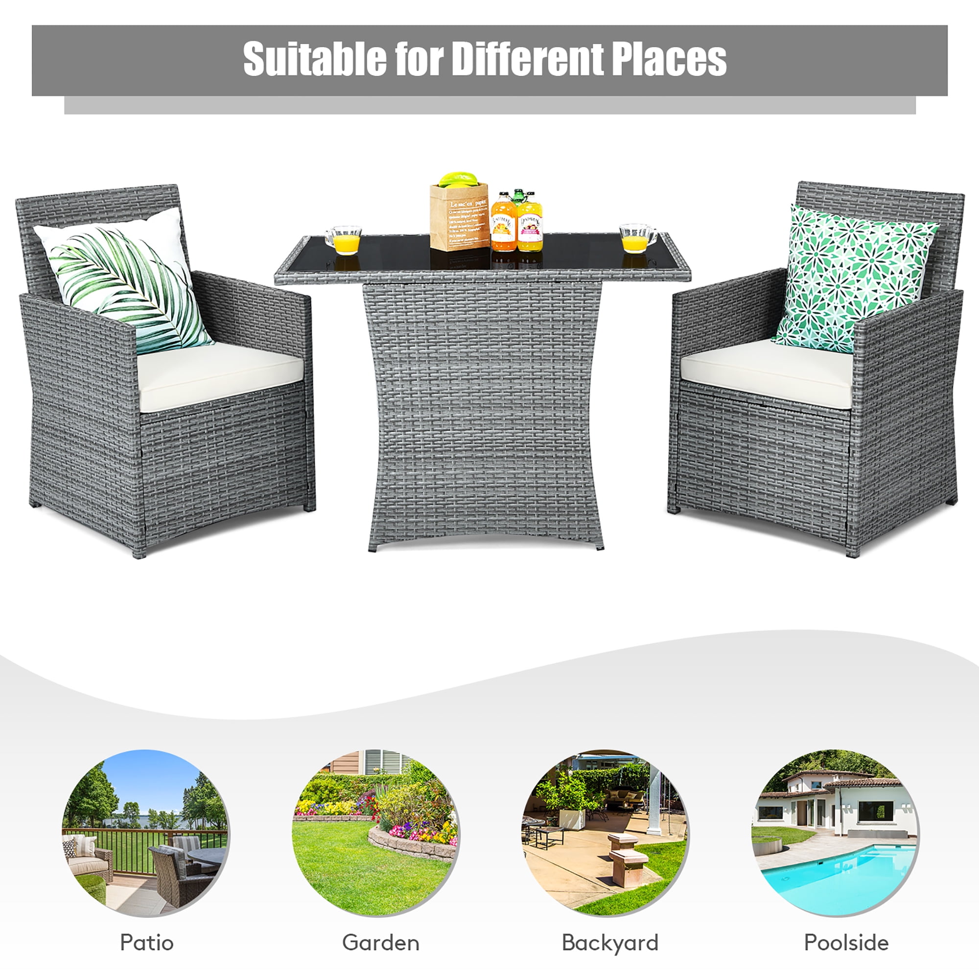 Costway 3PCS Patio Rattan Furniture Set Cushioned Sofa Armrest  Garden White