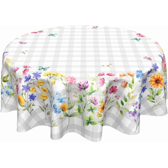 Spring Colorful Floral Table Cloth Round White Grey Buffalo Plaids Wildflower Butterflies Tablecloth 60 Inch Decor Washable Stain and Wrinkle Summer Round Table Cover for Dining Picnic
