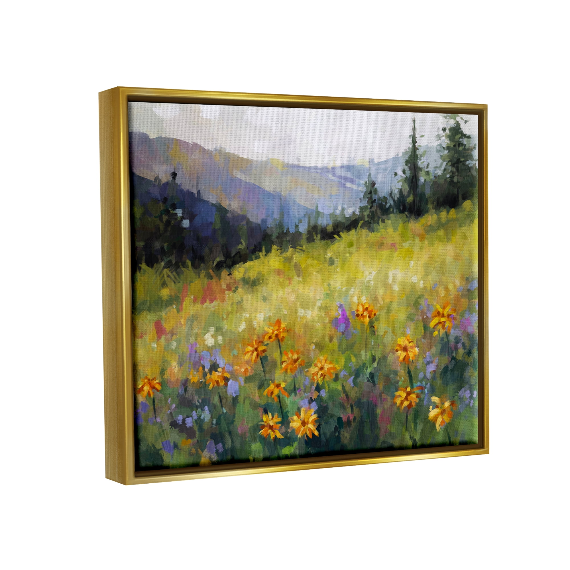 Stupell Industries Flower Meadow Painting Landscape Painting Gold Floater Framed Canvas Art Print Wall Art, 31 x 25