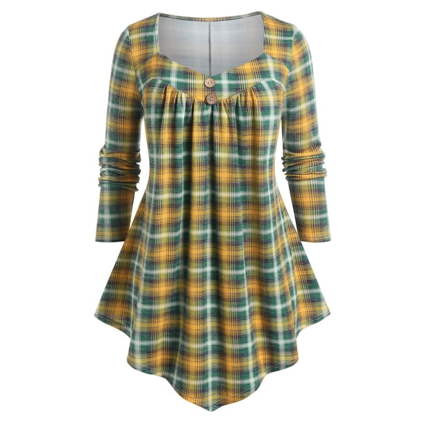 Camiseta Talla Extra Panel a Cuadros Botones Rosegal Mangas largas de talla grande