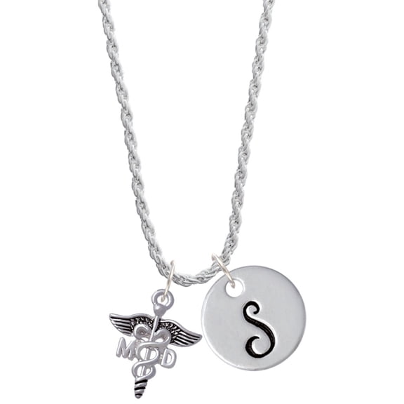 Delight Jewelry Silvertone Caduceus - MD Silvertone Script Initial Disc - S - Charm Necklace, 20"+3"