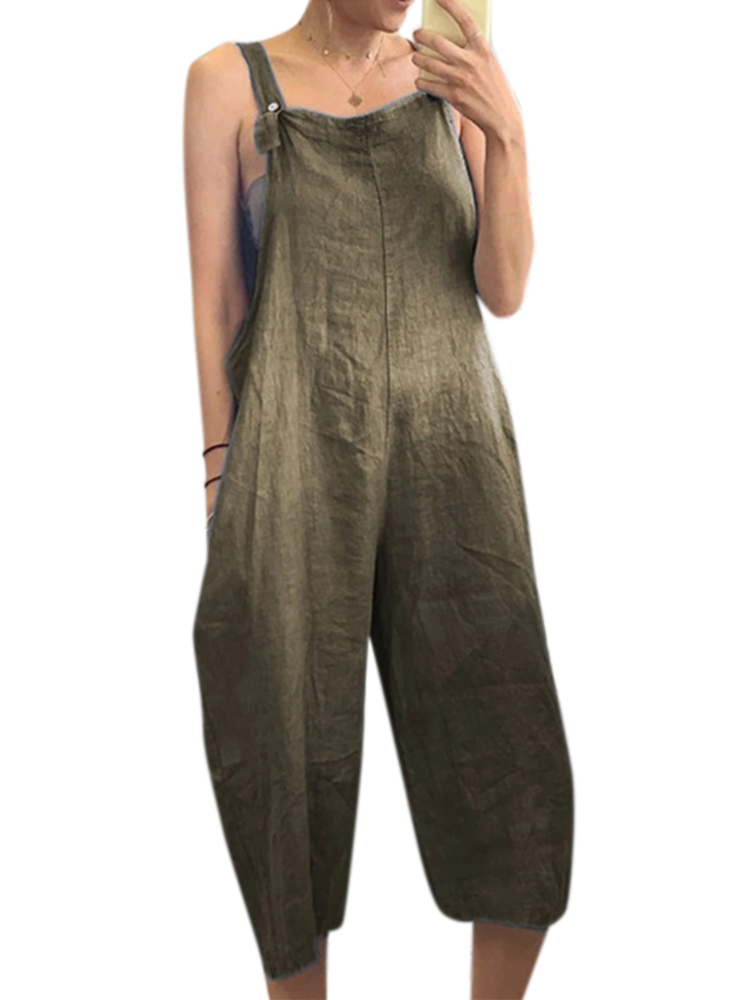 Plus Size Women Jumpsuit Casual Baggy Wide Leg Bib Overalls Romper Summer Button Up Suspender Playsuit Pants with Pocket