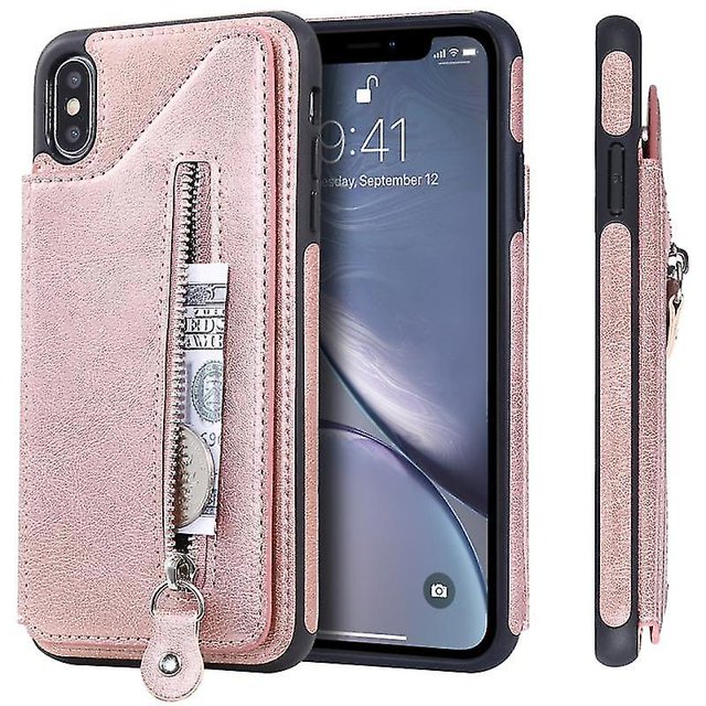 Pour Iphone TP Max Étui de Protection Antichoc à Double Boucle et Fermeture Éclair (Or rose)