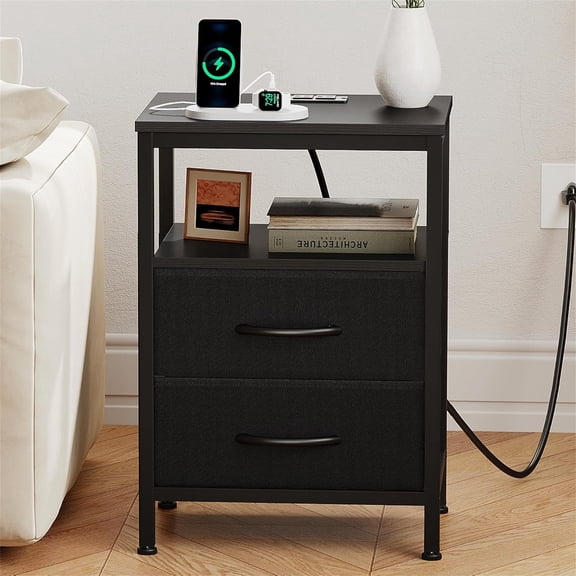 KPUY Night Stand with Charging Station, Bedside Table End Table with USB Ports & Type-C, 2 Fabric Drawers, Open Storage Shlef, Black