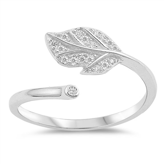 White Cubic Zirconia Leaf Feather Midi Ring .925 Sterling Silver Band Jewelry Female Male Size 6