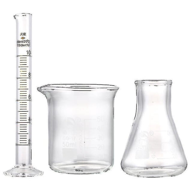 3 piezas de cilindros graduados de vidrio, vasos, matraz cónico, herramienta científica de laboratorio
