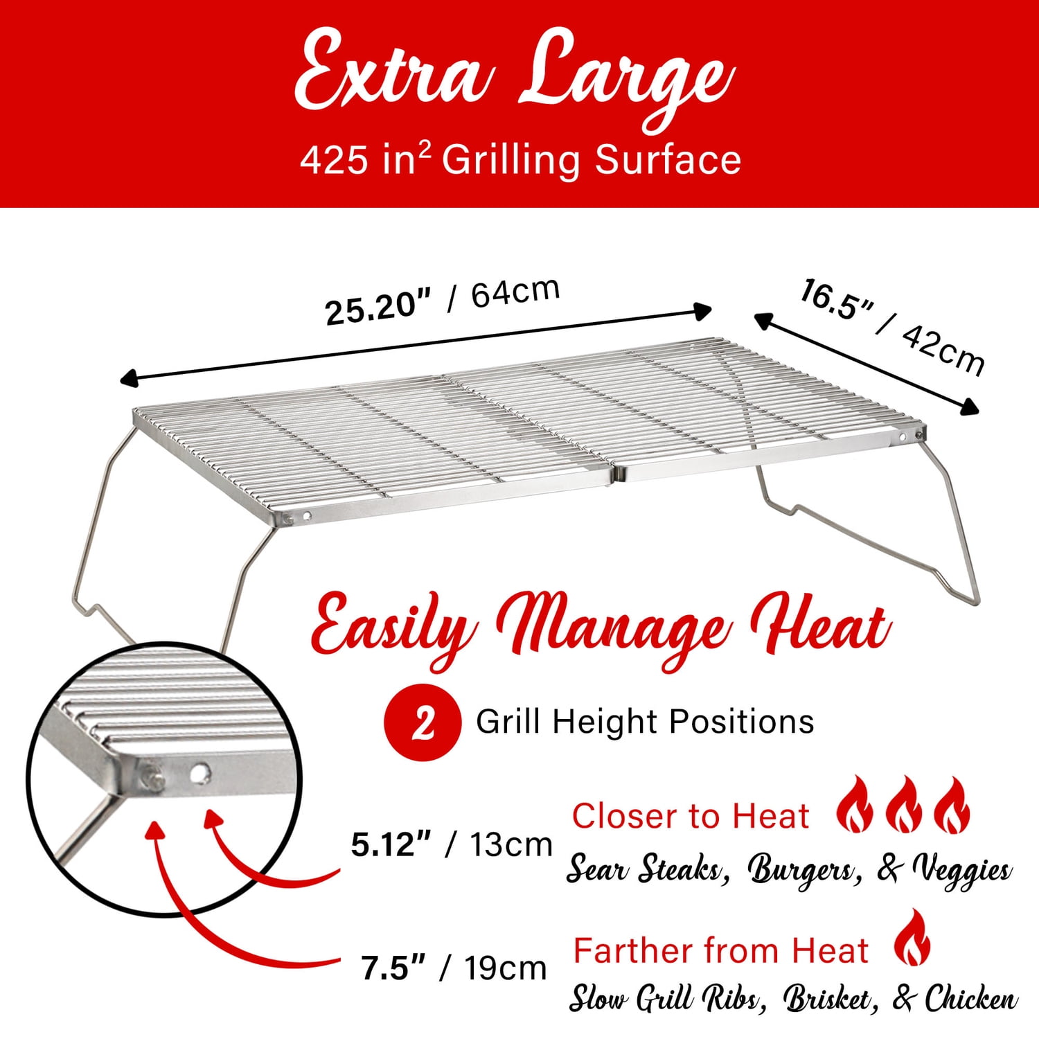Brentwood 25-In. x 17-In. Heavy-Duty Stainless Steel Portable Folding Campfire Grill with Carry Bag, BB-17X25SS, BB-17X25SS