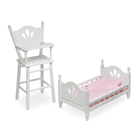 Badger Basket English Country High Chair and Bed with Bedding for 18 inch Dolls - White/Pink