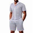 thumbnail image 3 of Men Mesh 2 Piece Outfits See Through Casual Shirts and Shorts Hollow Out Mid Shorts Set Light Gray XL, 3 of 8