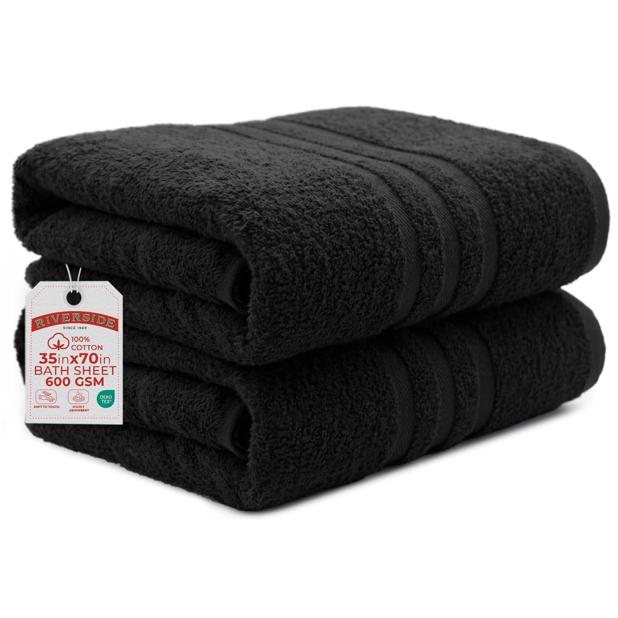 RIVERSIDE 2 Pack Luxury Bath Sheets 35×70 Soft Quick Dry Extra Large Cotton Towels 600 GSM Hotel Quality Spa - Black