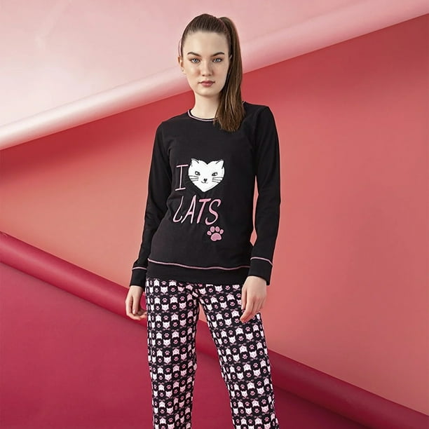 Women s Junior Cotton Pajama Set 2 piece Cute Printed I Love Cats Long Sleeve Long Pants Sleepwear Pj Set M Walmart Business Supplies