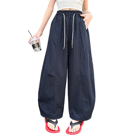 UJNDER Girls Casual High Waisted Loose Fit with Pockets Kid Cargo Casual Trousers for Kids Cargo Pants Girls Cargo Pants,Navy,9-10 Years