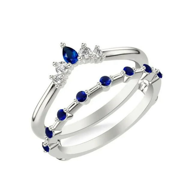 Teardrop Blue Sapphire & White CZ Ring Enhancer in 925 Sterling Silver – Minimal Crown Style Guard Wrap Band for Women