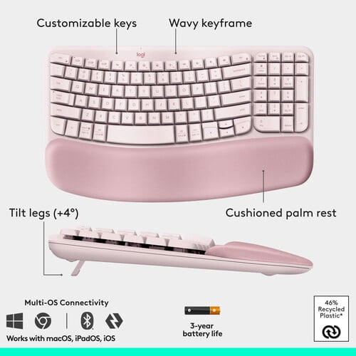 Logitech Wave Keys and Lift Ergonomic Wireless Keyboard and Mouse Combo, Rose