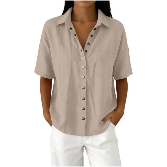 MAFYTYTPR Women's Linen Blend Button-Down Shirt with Chest Pocket Short Sleeve Spread Collar Solid Color Spring Summer Casual Tops for Everyday Wear S-XXL