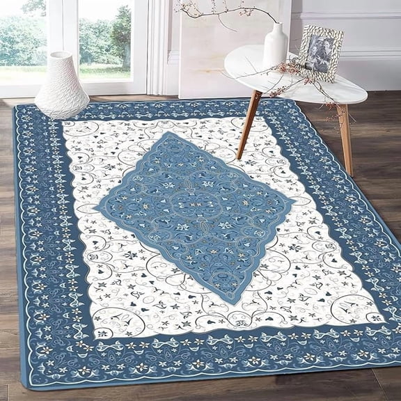 Vintage Blue Pattern Area Rug, Tradition Non Slip Stain Resistant Print Rugs, Soft Machine Washable Carpet for Indoor Bedroom Living Room Office Decor Rug 3 x 5ft