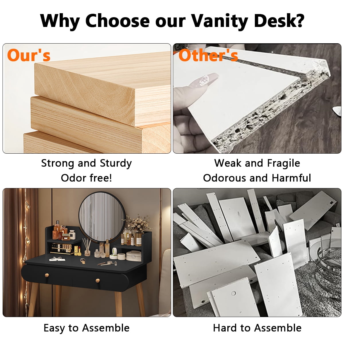SIMANLI Black Vanity Desk Set with Mirror, Modern Makeup Vanity Dressing Desk with 2 Drawers & 2 Shelves (Without Stool)