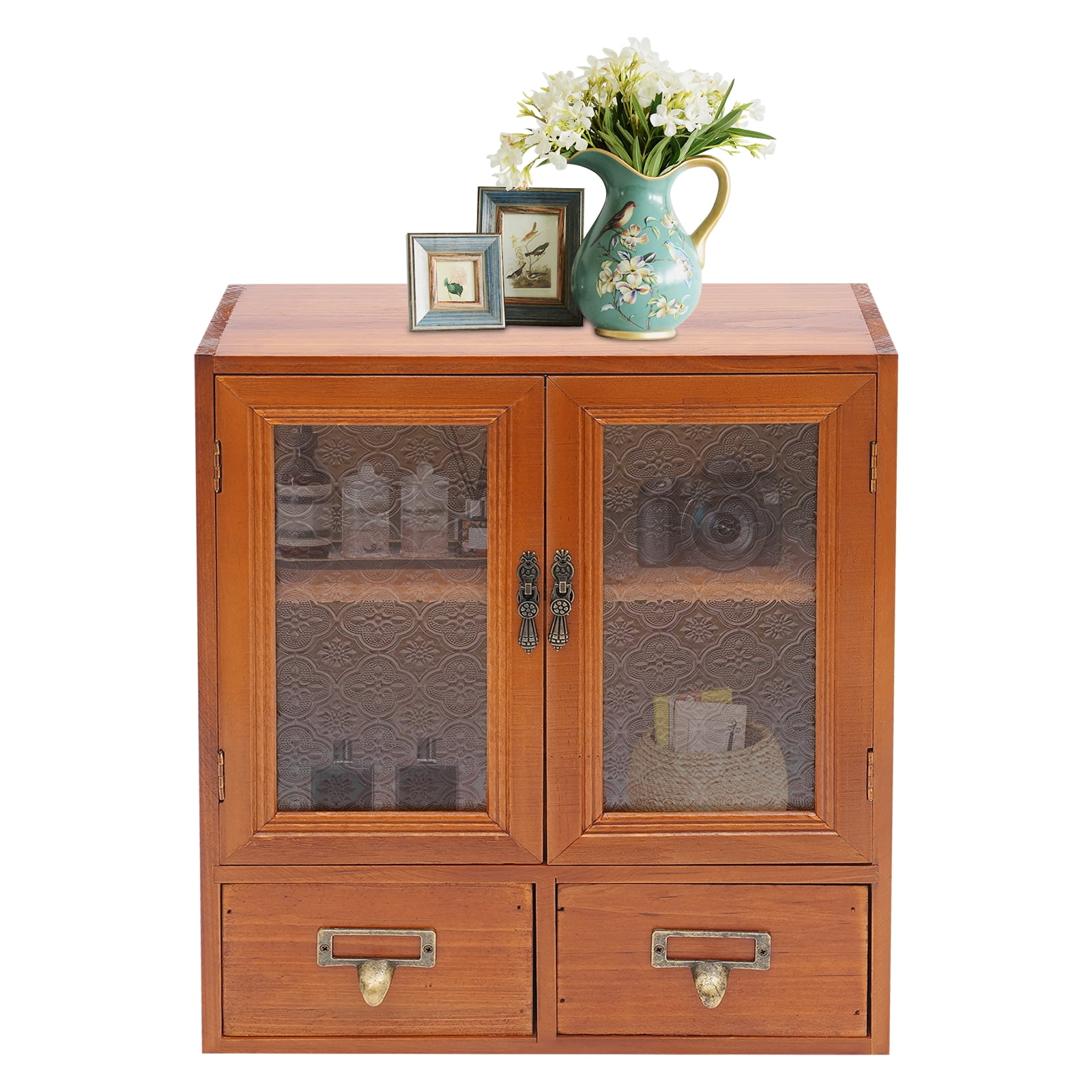 Vintage Tabletop Organizer W/2Drawer Wooden Storage Drawer Box 2-Tier Storage Cabinet for Kitchen Counter