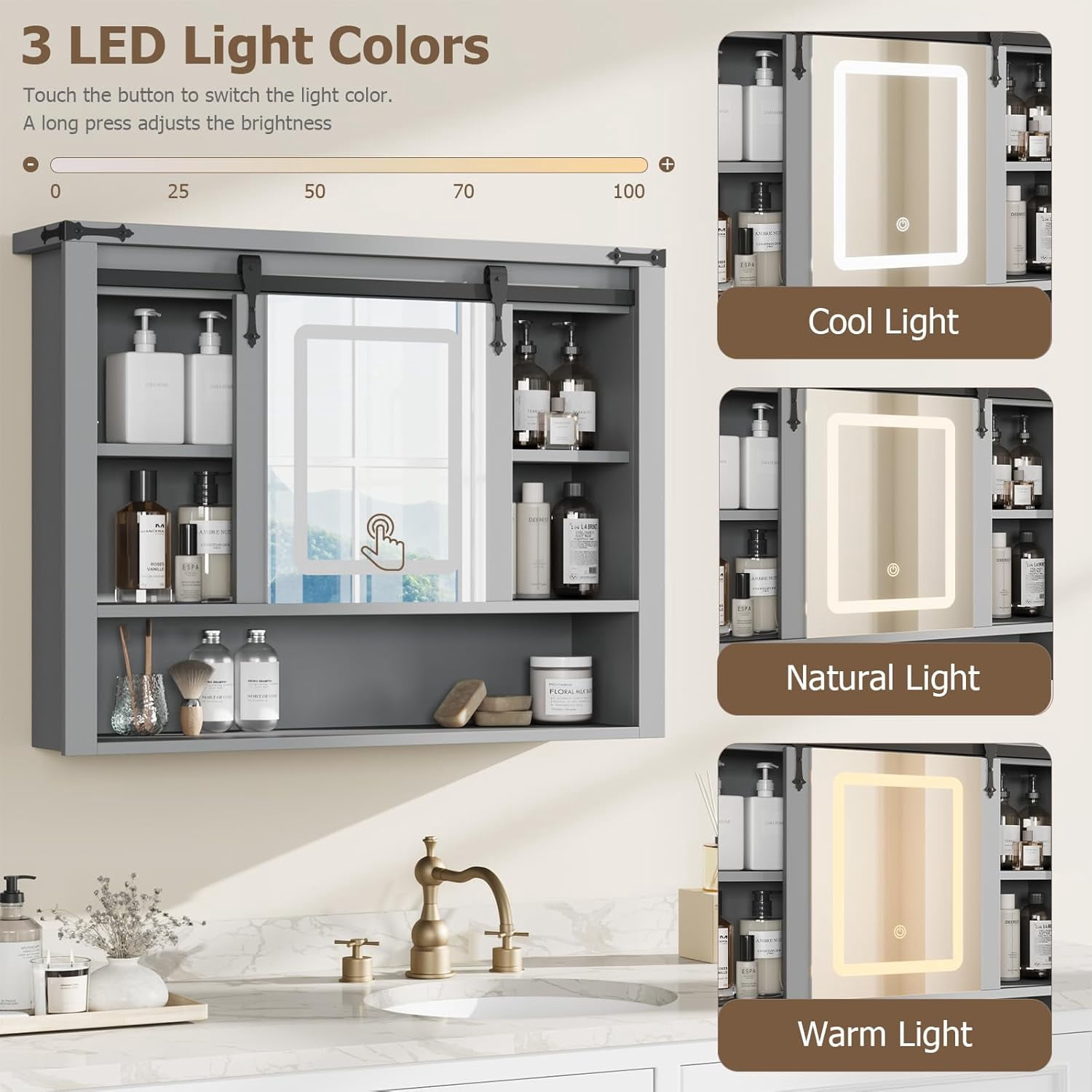 Vecenuy White Bathroom Wall Cabinet with Mirror, 3 Lighting Modes, Adjustable Brightness, Jewelry Holder, Sliding Door, Over Toilet Storage, Grey