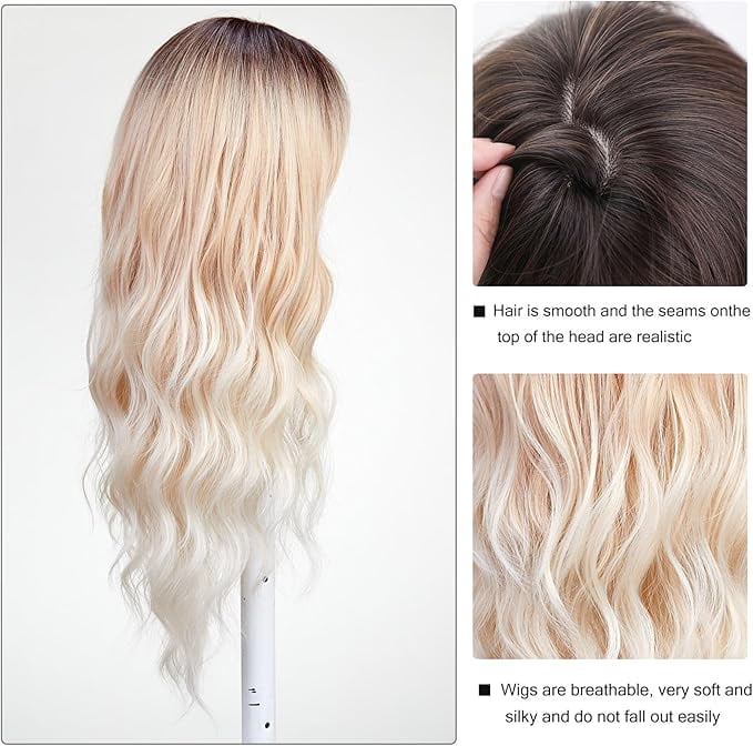 Long Curly Ombre Blonde Wigs With Bangs Wig for Women Synthetic Hair Wig for Party Cosplay Daily Use -26 inches(Beige Wig)