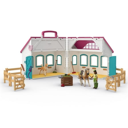 Schleich Horse Club - 60PC Little Horseshoe Open Stable Playset with Horses, Rider, Stable and Accessories - Horse Figurines for Kids Ages 5 - 42703