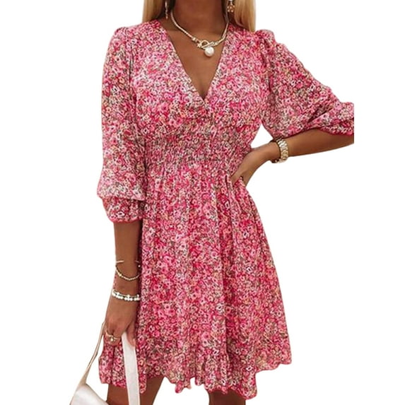 XXLvision Women Floral Print Ruffle Short Sleeve Elastic Waist Casual Mini Dress