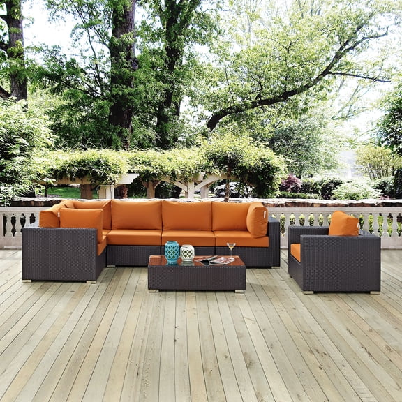 Modway Convene 7 Piece Outdoor Patio Sectional Set in Espresso Orange