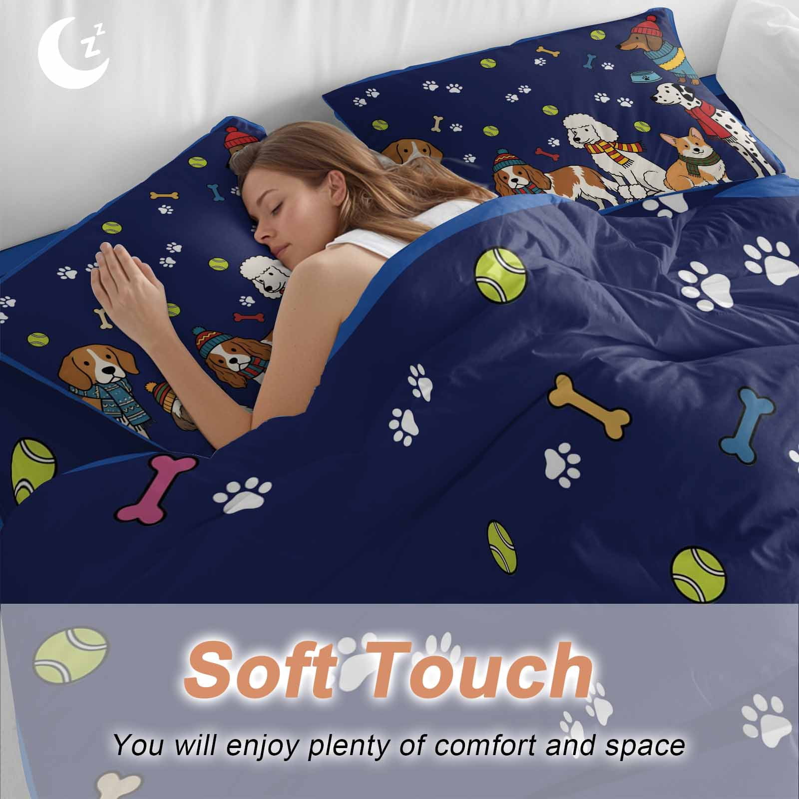 Cartoon Puppy Duvet Cover Set Queen Size, Dag Paw Print Bone Balls Navy Background 4 Piece Bedding Set with Zipper Closure & Corner Ties Soft Breathable Comforter Cover for Bedroom