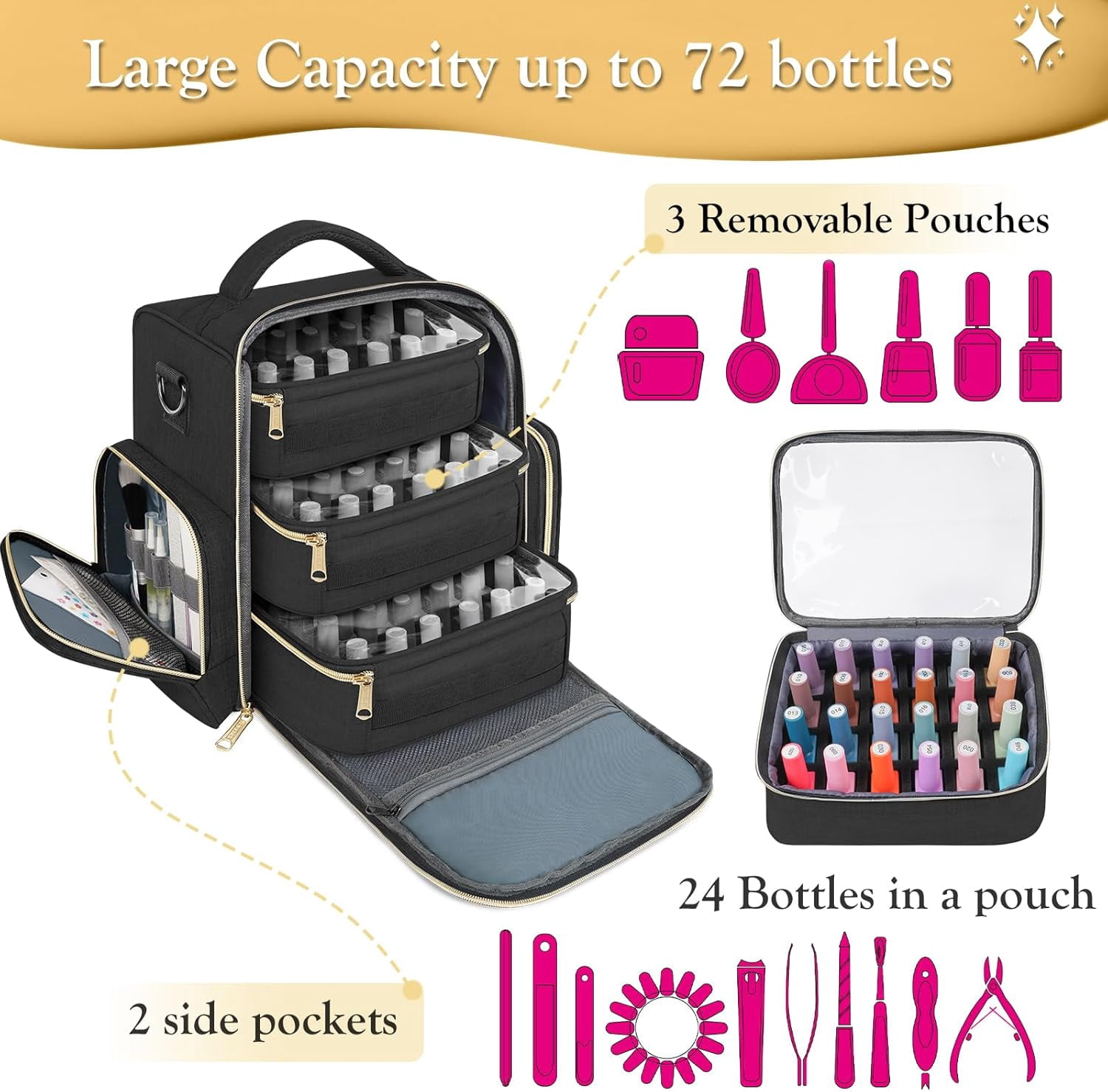 YOREPEK Large Travel Makeup Bag Cosmetic Store Organizer Bag with 3 Detachable Foam Slot for Nail Polish, Black