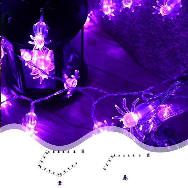 Xihbxyly Luces Led de Araña, Temática de Halloween Morada, 20 Bombillas Led, Funciona con Pilas, para Uso En Interiores y Exteriores, Decoración de Patio y Porche, Bajo Consumo, 118 Pulgadas de Largo