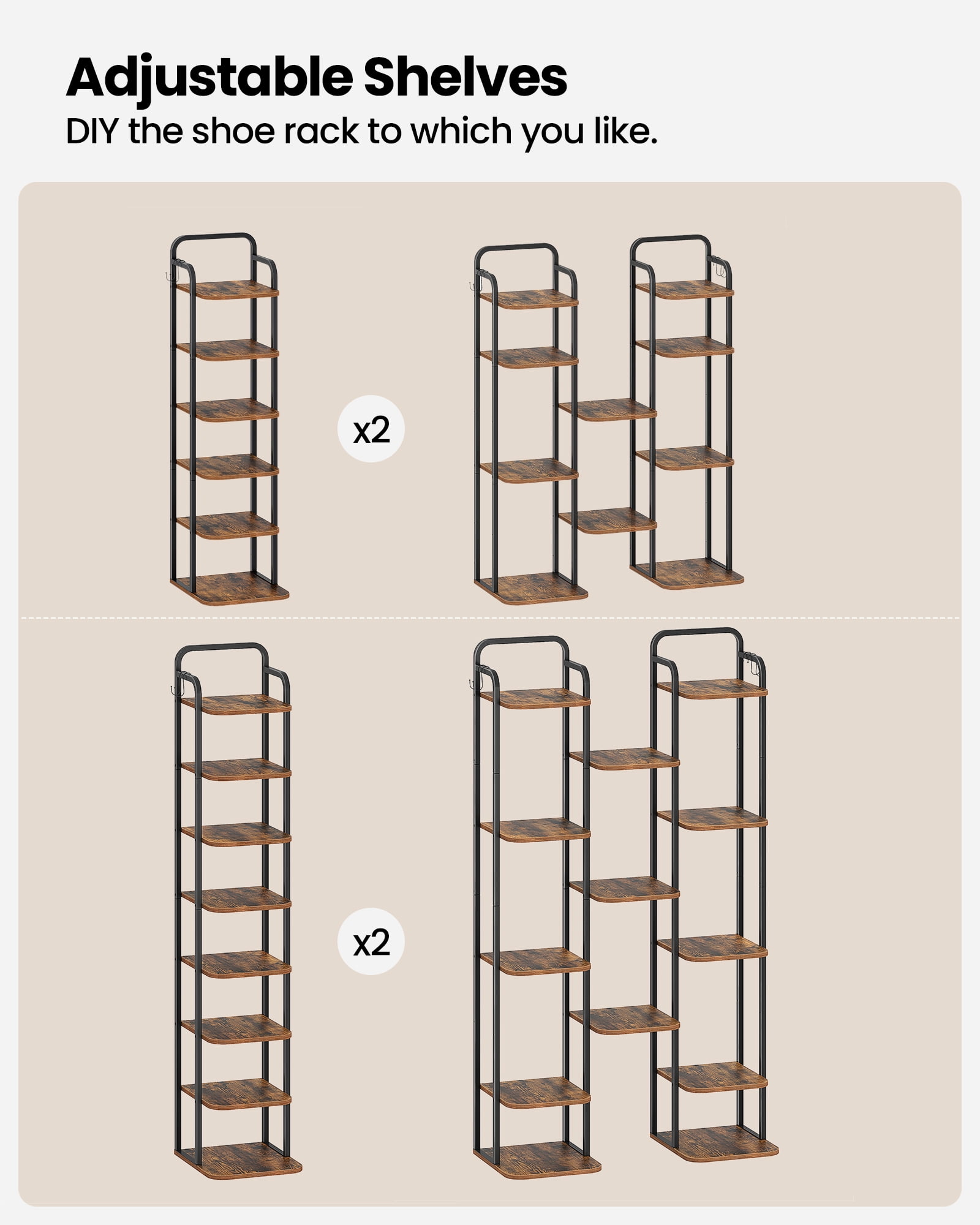 KANAV 8 Tiers Shoe Rack - Vertical Narrow Shoe Shelf Storage Organizer  Sturdy Space Saving - Tall Narrow Shoe Rack for Entryway Closet Hallway,  Grey