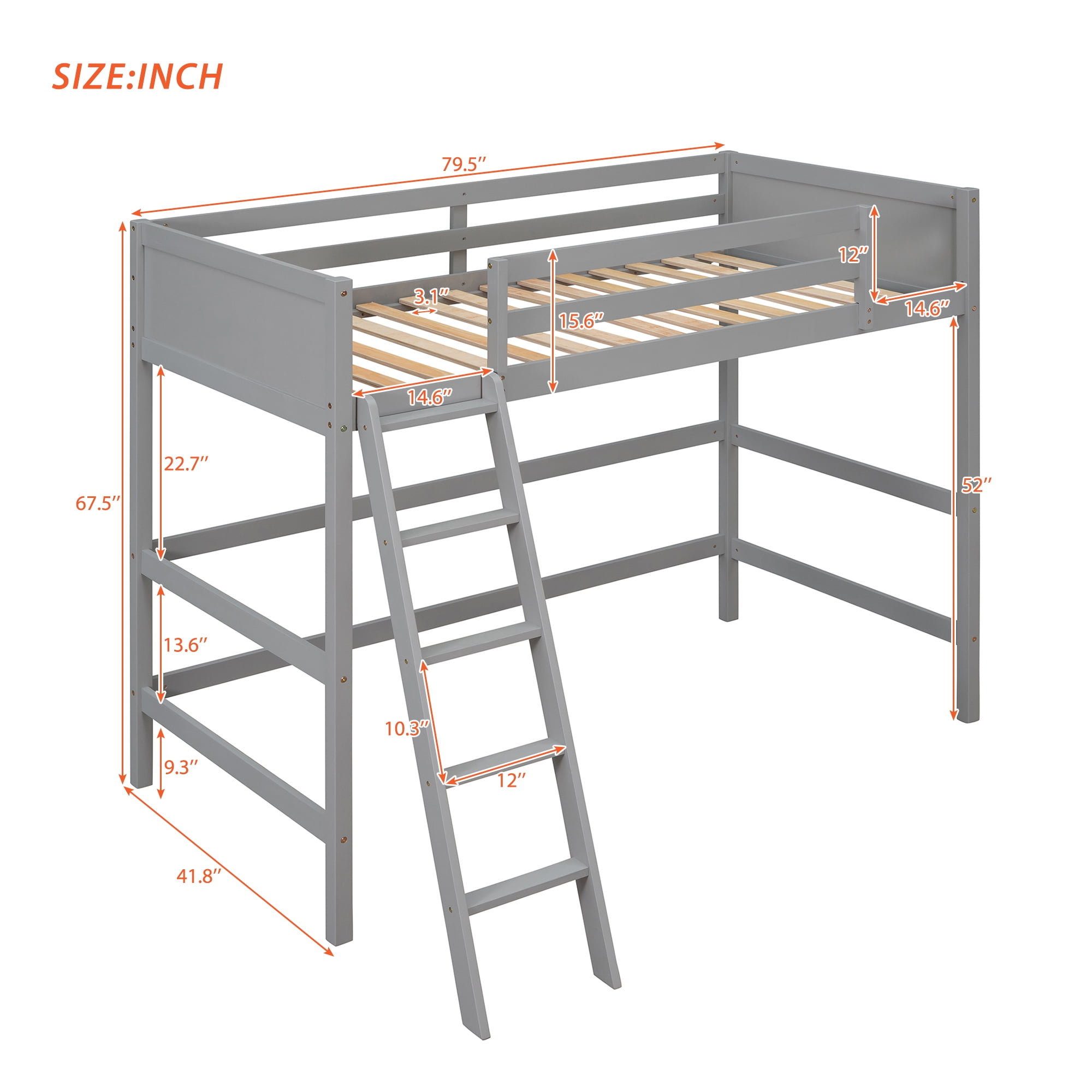 Aukfa Twin Loft Bed, Wood Bed Frame for Dorm Teens College, Modern - Gray
