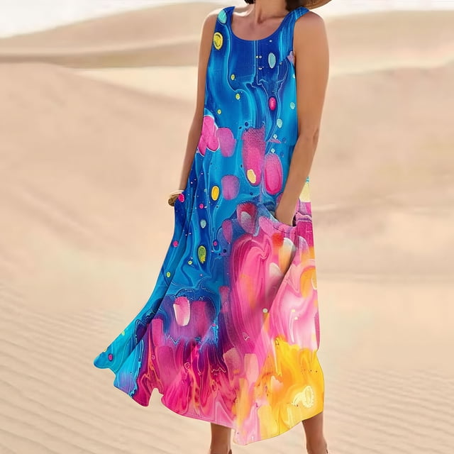 LSLJS Robe Longue Sans Manches en Coton et Lin à Col Rond Imprimée avec Poche, Robe d'Été de Plage