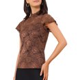 thumbnail image 4 of INSPIRAR CHIC Blusa de manga corta con cuello alto y espalda con abertura para mujeres en el Día de San Valentín, semi transparente, talla XS, color marrón, 4 of 6