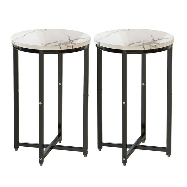 Goory 2PCS Round Desk Faux Marble Top Wood Side Table Metal Frame