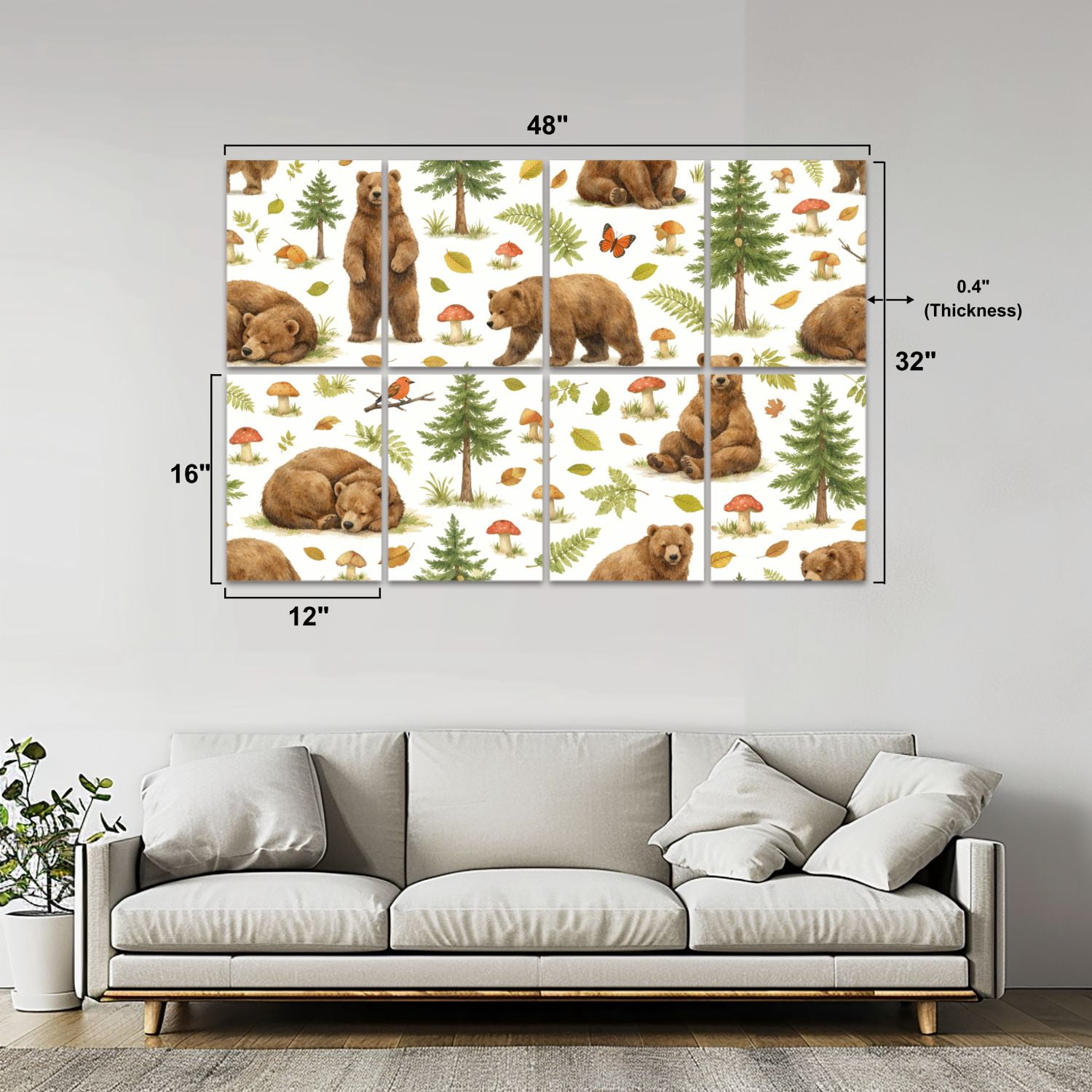 Classroom 8 Pack Art Acoustic Panels Sound Absorbing Cute Brown Bears Forest Elements Decorative Soundproof Wall Panels Self Adhesive for Nursery Kids Game Room 48"x32"