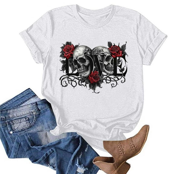 Maqroz Oversized Graphic Tshirts for Women Vintage Band Rock Concert Loose Tee Y2K Summer Skull Love Skull Short Sleeve Tops