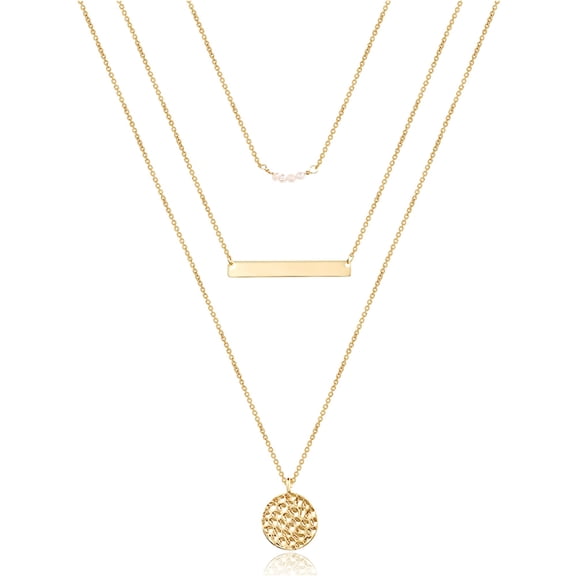 TINGN Dainty Layering Pearls Necklace Bar Necklace Hammered Disc Pendant Necklace