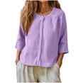 thumbnail image 2 of Women's Button Up V Neck Loose Fit Shirt Blouse Top Casual Longline Tunic Solid Color Business Casual Summer Fashion | CSEONE,Purple L, 2 of 6