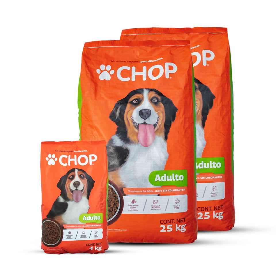 Croquetas Chop para perro Adulto 25kg 4kg forma de letras