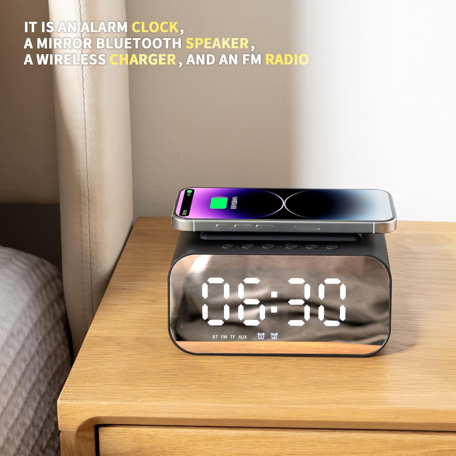 Bluetooth Digital Alarm Clock for Bedroom, Loud Alarm Clock, Wireless Speaker, USB AUX Charger, Hands-Free Calling Function, Dual Alarm, 24 Adjustable Brightness