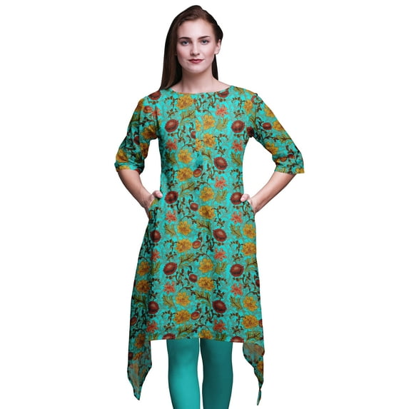 Bimba Green Leaves & Chrysanthemum Floral Asymmetric Kurta Indian Tunic Tops For Women Printed Indian Clothing Small