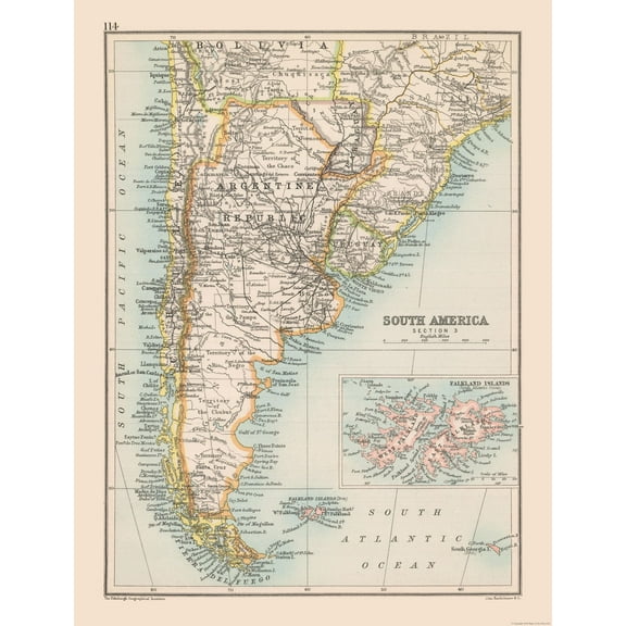 Historic Map - Argentina Bolivia Chile Uruguay - Bartholomew 1892 - WallArt