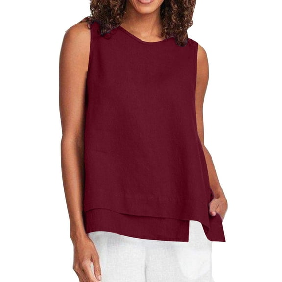 Charella Ladies Sleeveless Linen Tank Tops Asymmetrical Crew Neck Casual Summer Beach Loose Tee Shirt with Slit (X-Large, Wine)