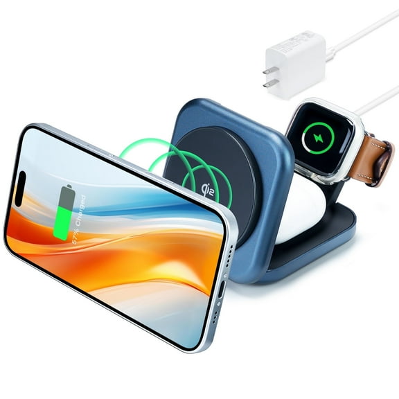 Qi2 3 in 1 Charging Station, Foldable Wireless Charger for iPhone 17, 15W Portable Mag-Safe Charging Stand for iPhone 17/16/15/14/13/12, Apple Watch, AirPods, 30W USB-C, Charger Block Include